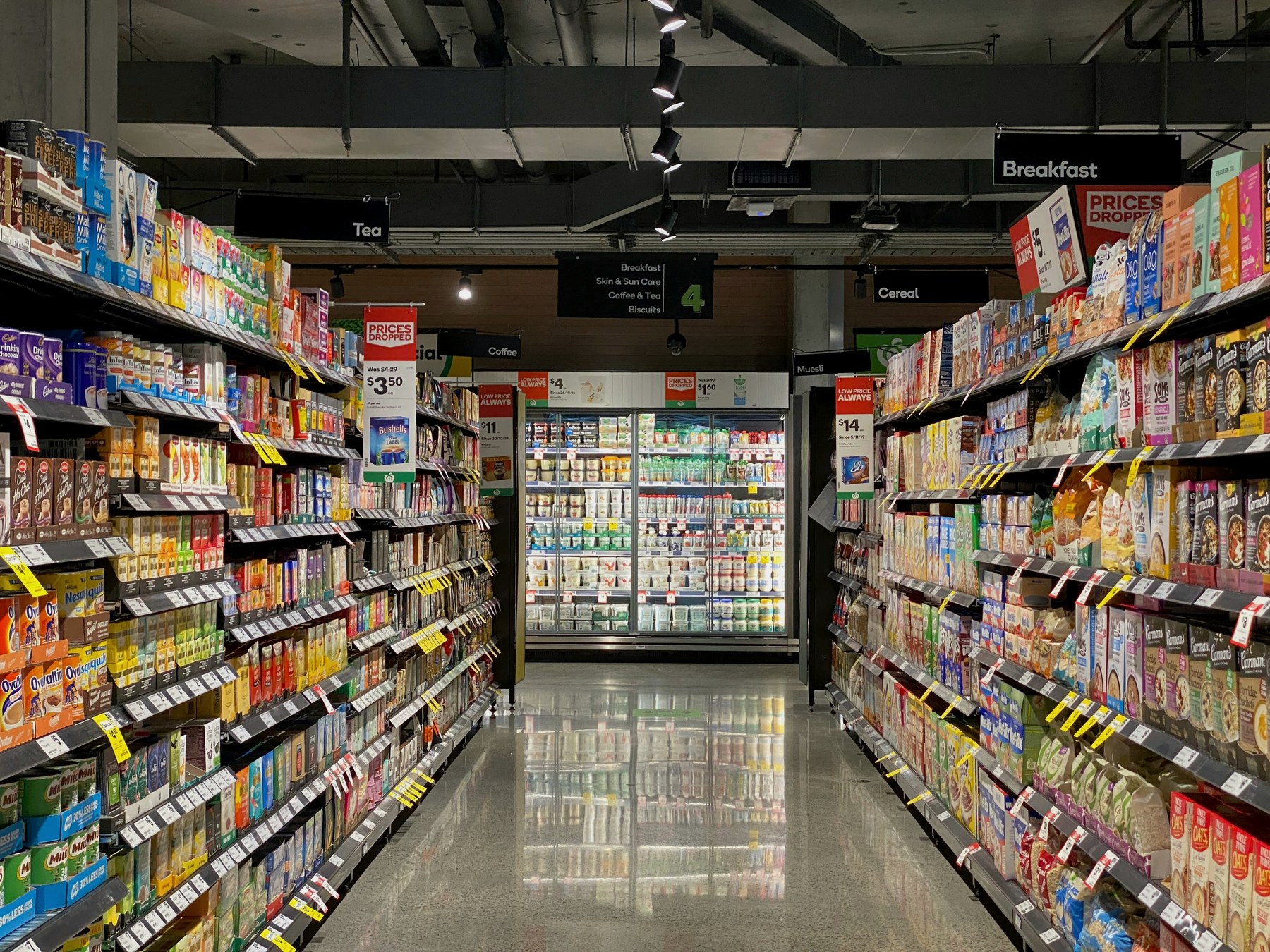 Well-stocked grocery aisle representing retail buyer opportunities